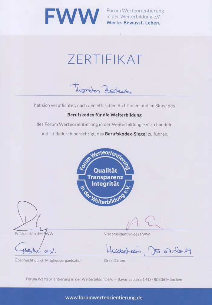 Urkunde: Berufskodex für die Weiterbildung, Forum Werteorientierung in der Weiterbildung e.V.