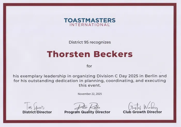 Urkunde: Anerkennung für die Organisation des Division C Day, Toastmasters International, District 95