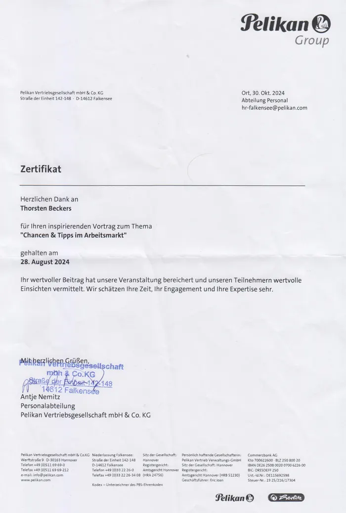 Urkunde: Vortrag „Chancen und Tipps im Arbeitsmarkt“, Pelikan Vertriebsgesellschaft mbH & Co. KG