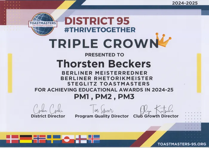 Urkunde: Triple Crown, District 95, Toastmasters International