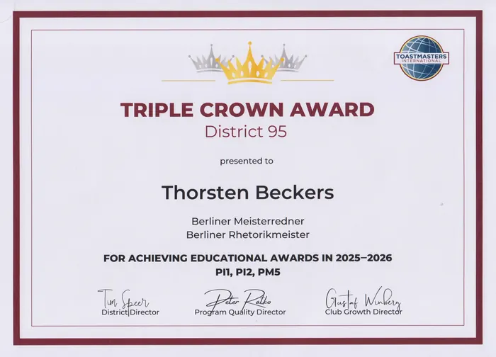 Urkunde: Triple Crown Award, District 95, Toastmasters International